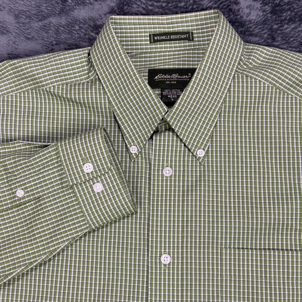 Eddie Bauer Button-Down Shirt Mens L Green Micro Check Wrinkle Resistant 1607